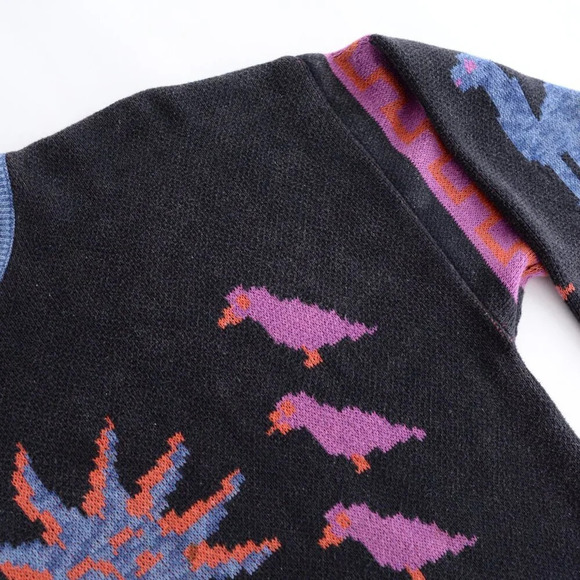 90S Loop Knitwear Black And Purple Aztec Camel Birds Crew Neck Sweater Medium - Picture 11 of 11